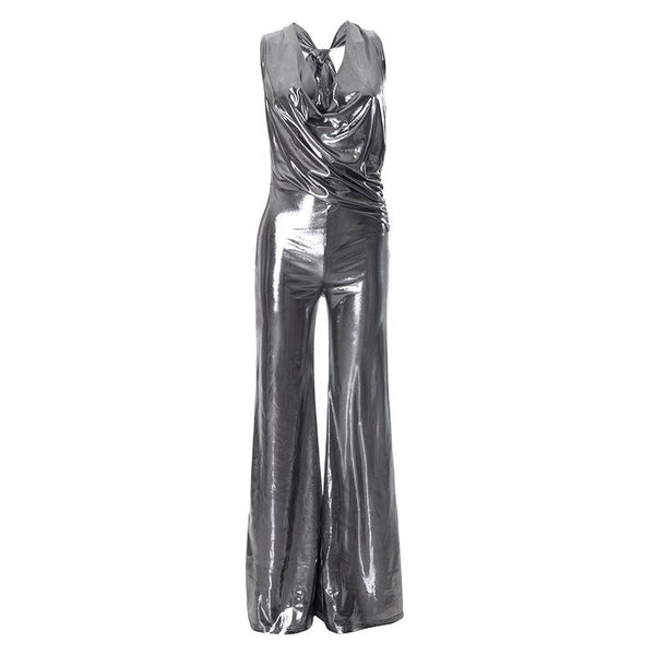 Mono con cuello halter fruncido y lazo metálico 