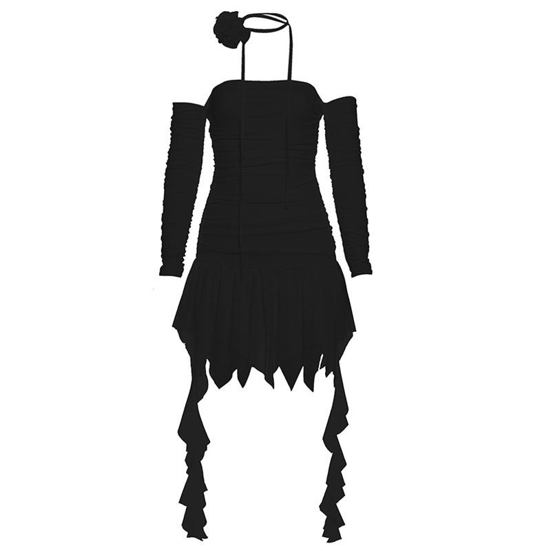 Vestido mini liso de manga larga fruncido con hombros descubiertos 