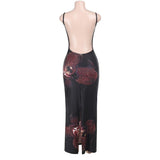 Robe longue fendue à imprimé fleuri et col en V avec perles 