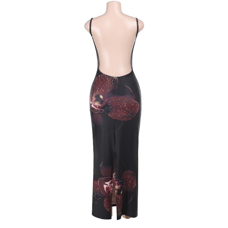Robe longue fendue à imprimé fleuri et col en V avec perles 