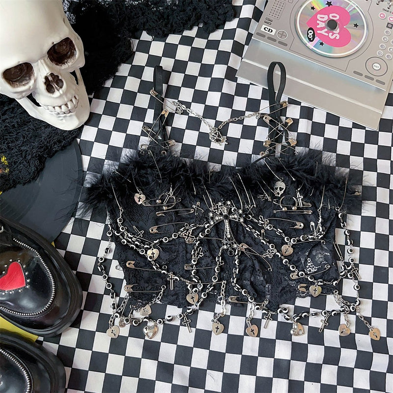 Top camisola con estampado de encaje esponjoso y aplique de alfiler con cadena de metal 
