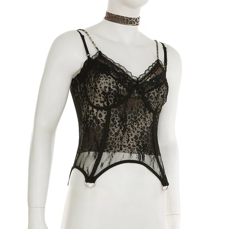 Top camisola sin espalda con estampado de leopardo, cuello en V y dobladillo de encaje 