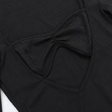 Long sleeve hollow out ribbed ruffle v neck mini dress