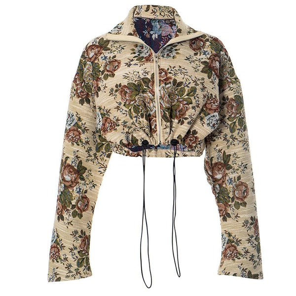 Top con estampado de flores, manga larga, cierre de cremallera y cordón ajustable 