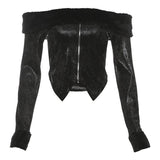 Off shoulder long sleeve fluffy zip-up solid top
