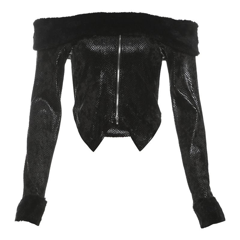 Off shoulder long sleeve fluffy zip-up solid top