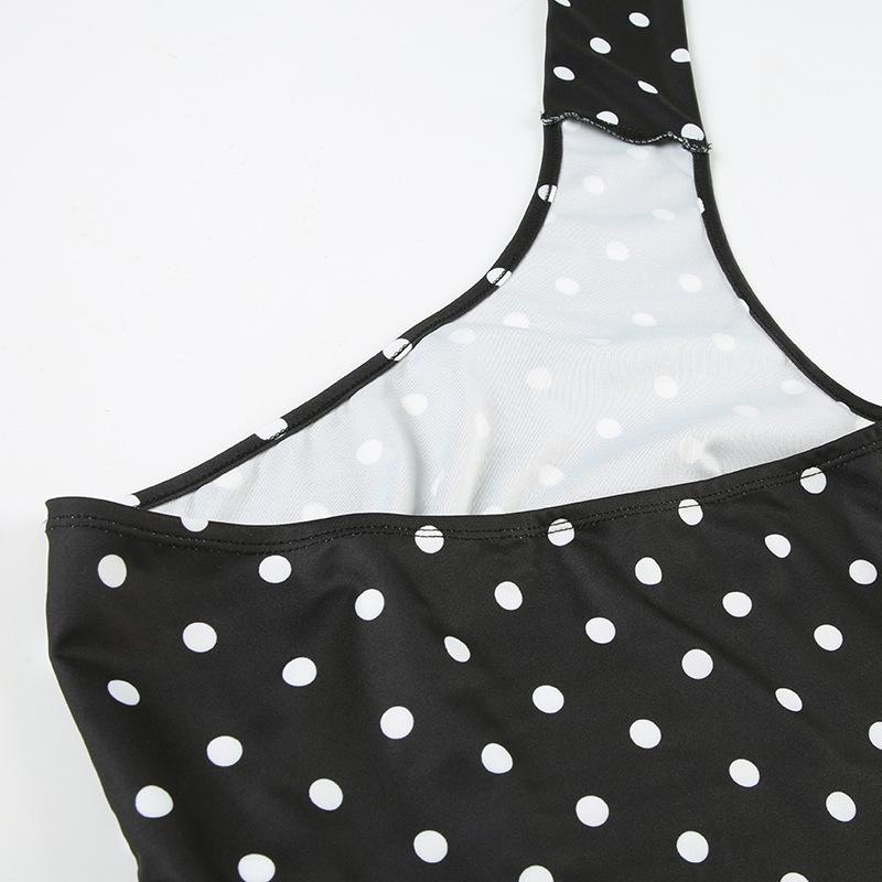 Irregular polka dot halter backless one shoulder top