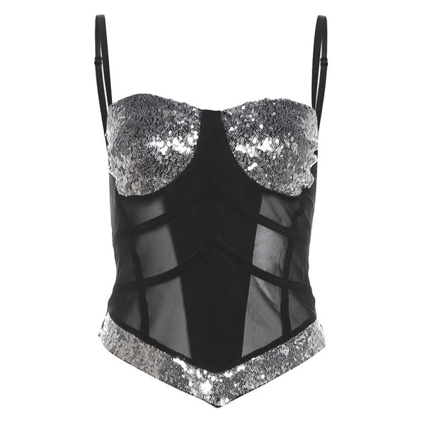 Top camisola de malla con escote en V y espalda descubierta con purpurina 