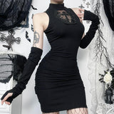 High neck ruched gloves cross pattern mini dress