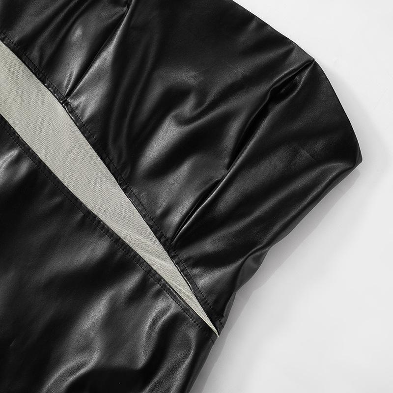 Irregular PU leather mesh zip-up mini dress