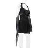 Vestido mini de manga larga con cuello en V, lazo y halter con purpurina 
