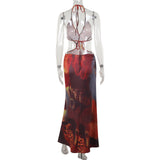 Halter self tie deep V neck leopard print maxi dress
