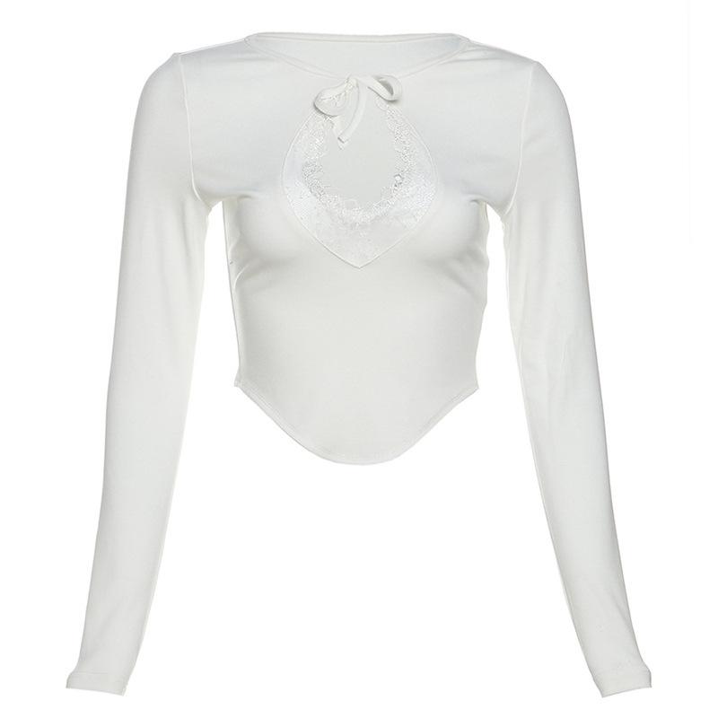 Long sleeve crewneck hollow out lace ribbed top