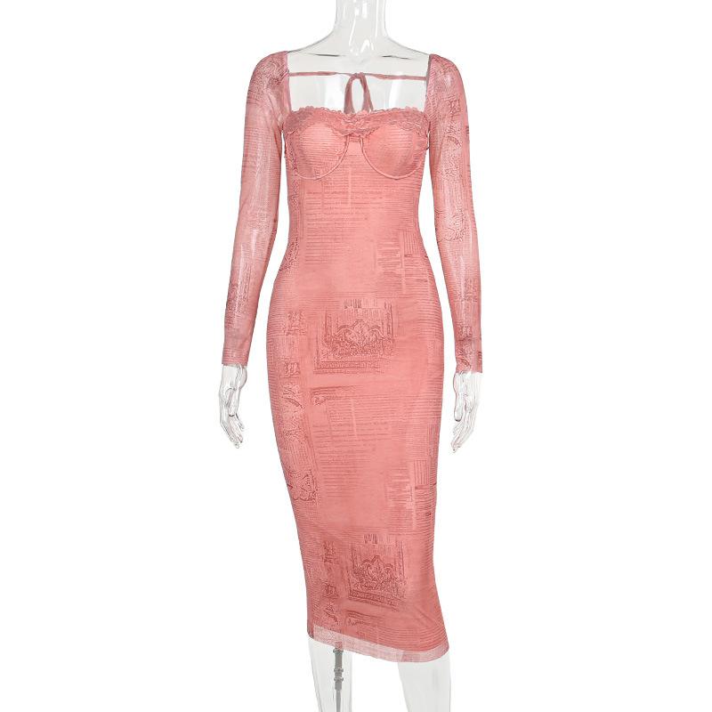 Vestido midi estampado con escote cuadrado y dobladillo de encaje y manga larga 