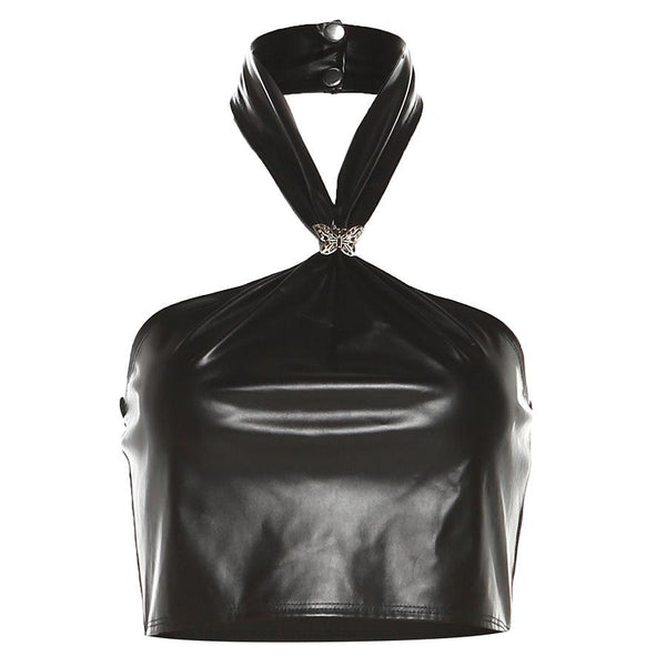 Top de cuero sintético con cuello halter y botones con apliques de mariposa 