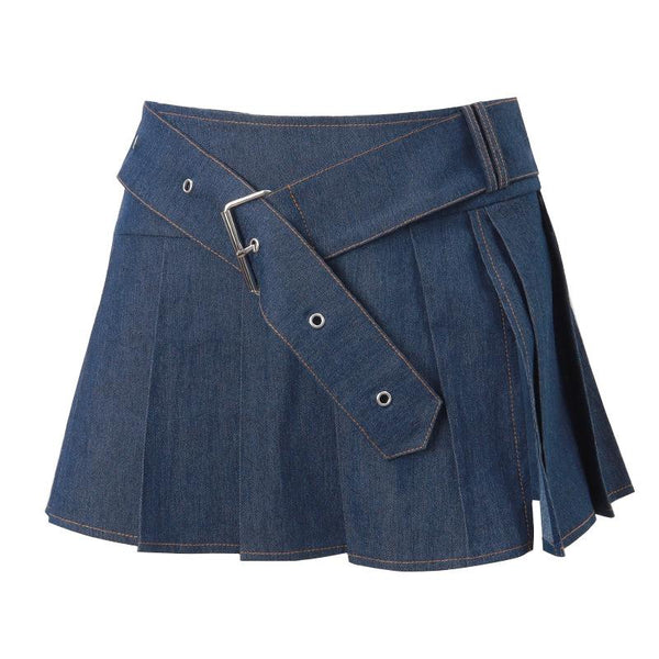 Mini-jupe plissée en jean avec ceinture fendue 