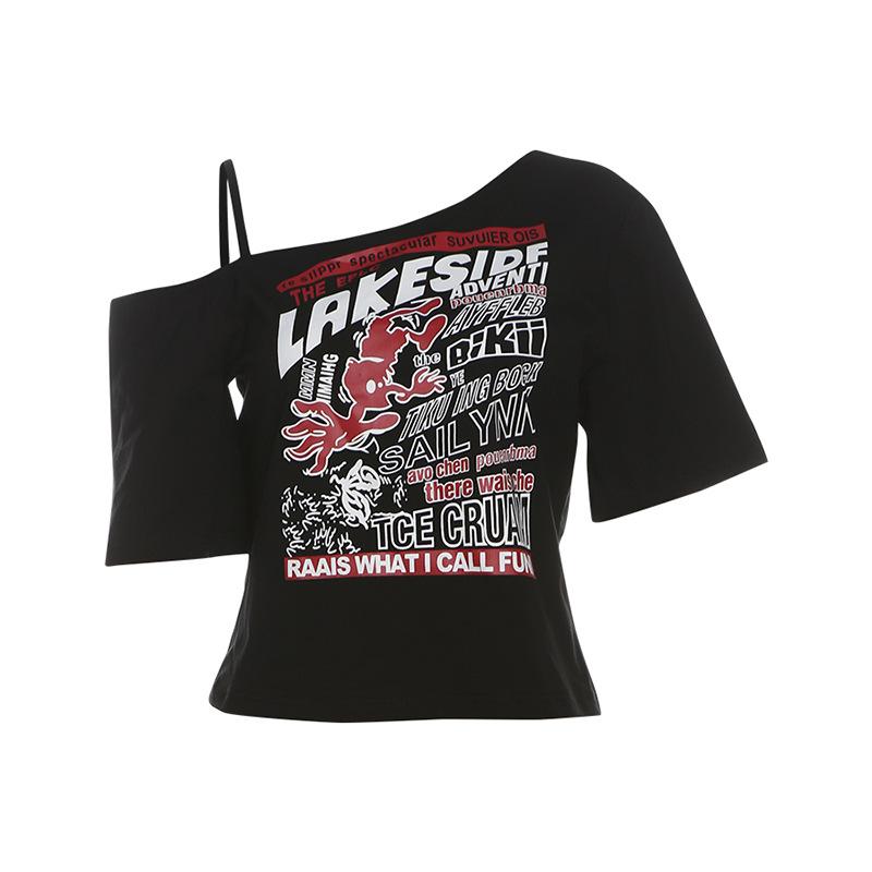 Irregular short sleeve hollow out letter print top