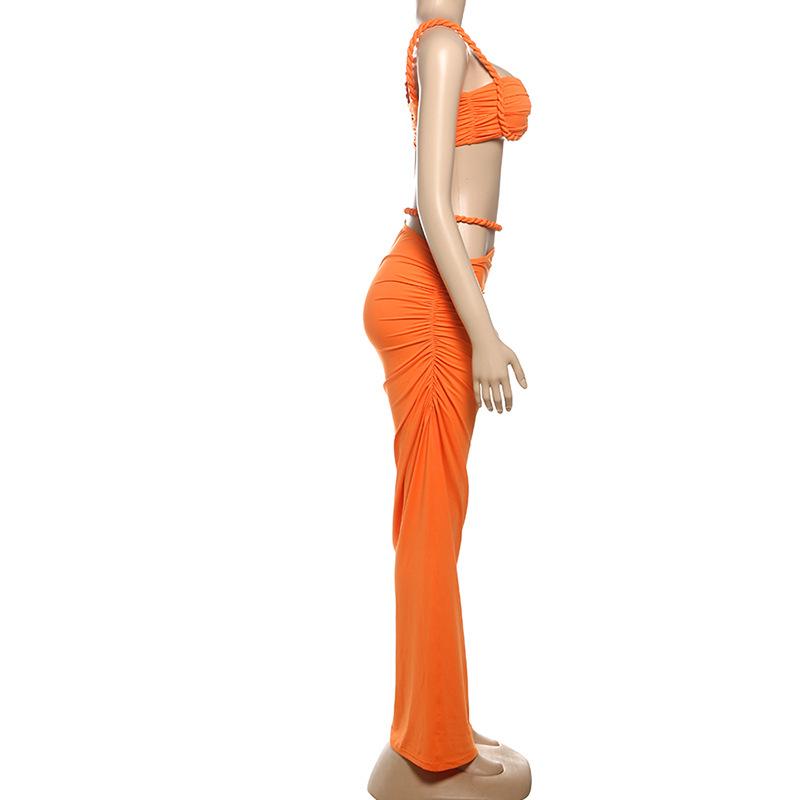 Ensemble jupe longue camisole irrégulière à col en V froncé et creux 