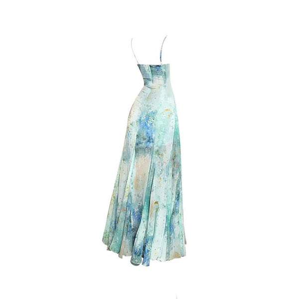 Robe longue camisole contrastée à imprimé col en V et dos nu 
