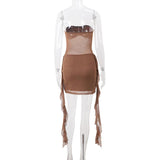 Ruched mesh beaded ruffle tube mini dress