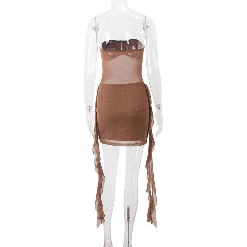 Ruched mesh beaded ruffle tube mini dress