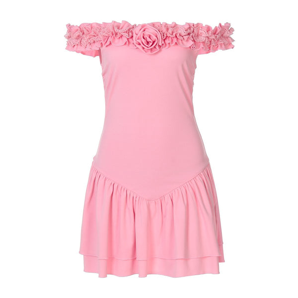 Vestido mini fruncido con volantes y apliques de flores en los hombros 