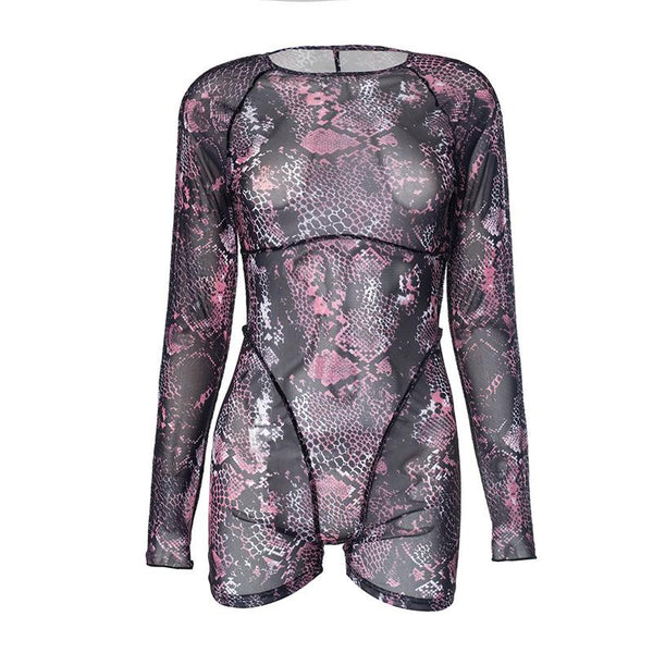 Mono de manga larga con estampado de piel de serpiente y malla transparente 