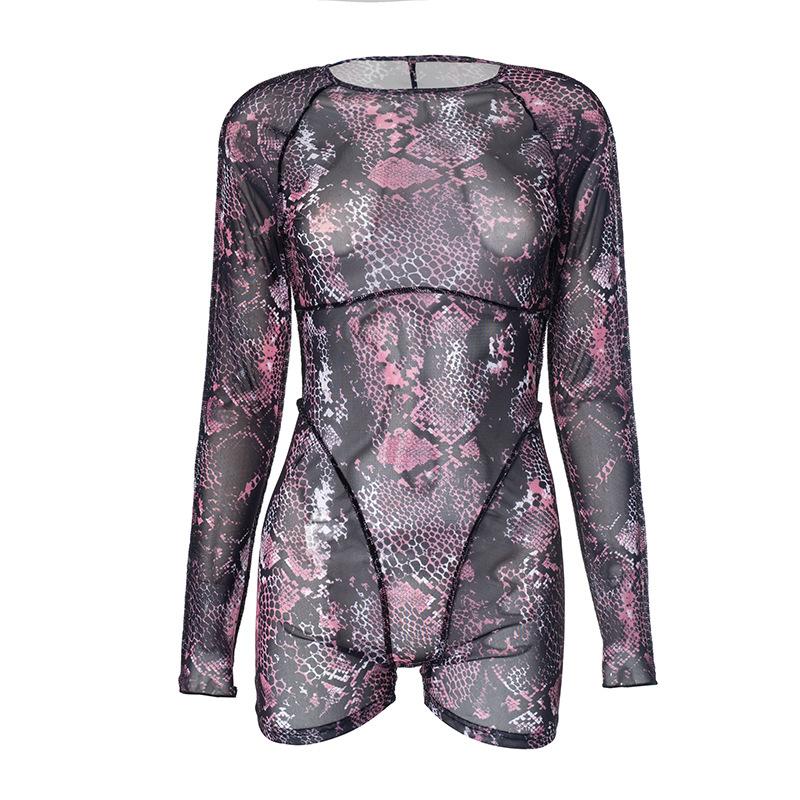 Mono de manga larga con estampado de piel de serpiente y malla transparente 
