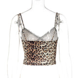 Top camisola sin espalda con estampado de leopardo y dobladillo de encaje con cuello en V 