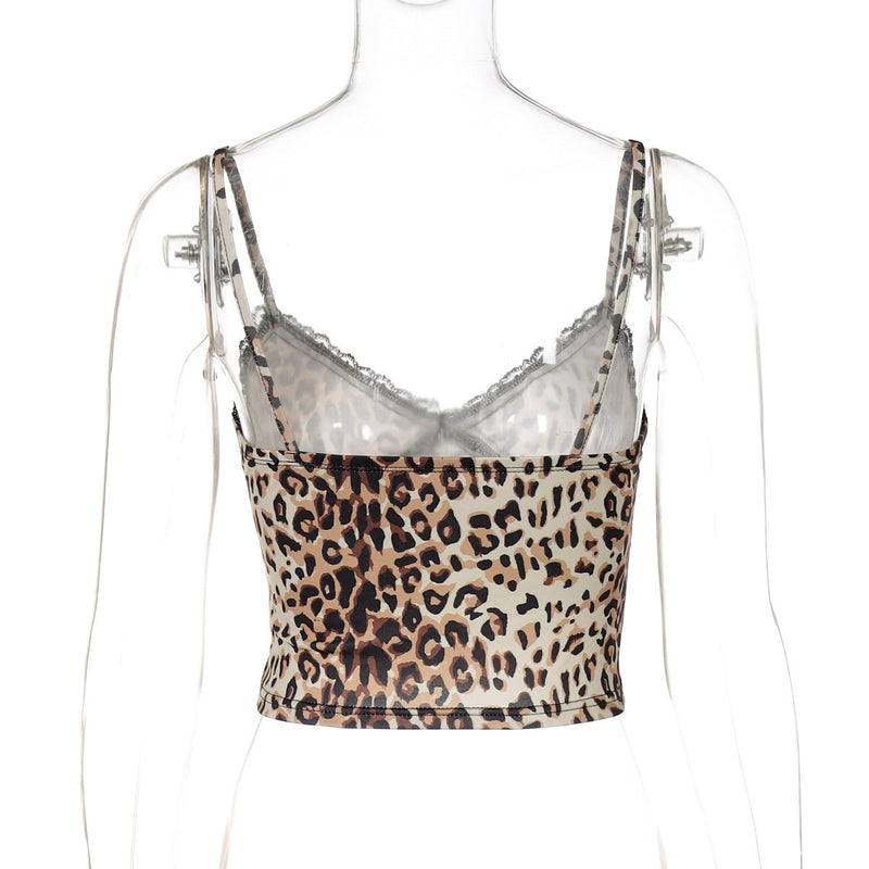 Top camisola sin espalda con estampado de leopardo y dobladillo de encaje con cuello en V 