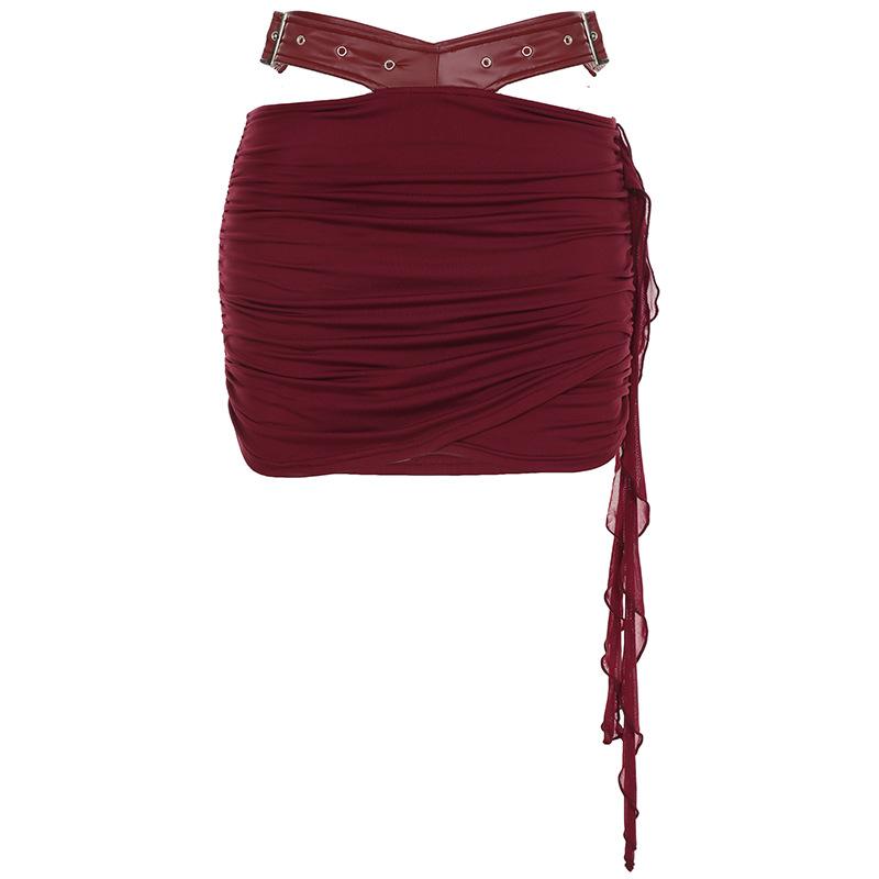 Mini-jupe irrégulière en cuir PU ajouré froncé 