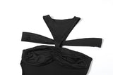 Ruched hollow out crewneck solid maxi dress