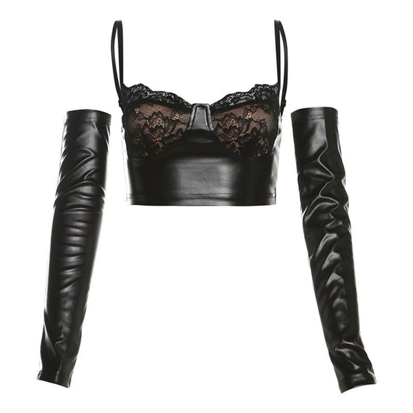 Gants à ourlet en dentelle, haut camisole en cuir PU à col en V 