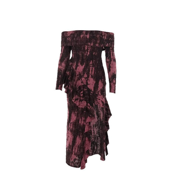 Off shoulder long sleeve slit ruffle contrast midi dress