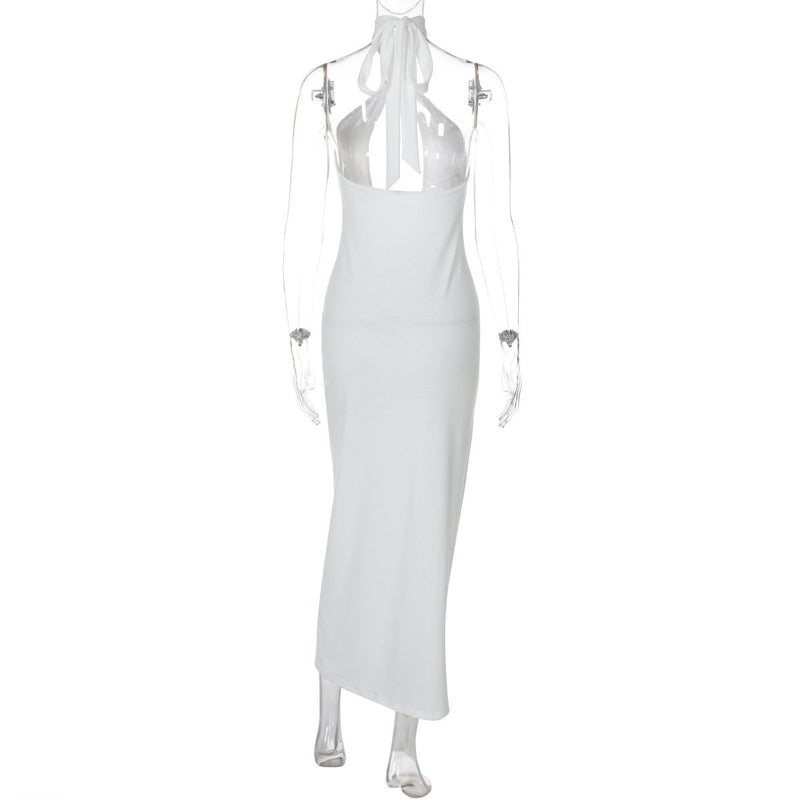 Vestido midi con cuello halter, espalda descubierta y aberturas con lazo 