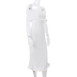Vestido midi de tubo liso acanalado con volantes y hombros descubiertos 