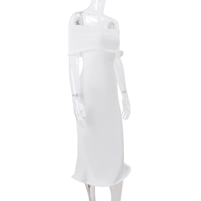 Vestido midi de tubo liso acanalado con volantes y hombros descubiertos 