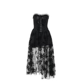 Robe midi à volants, smockée, boutonnée, ruban, imprimé fleuri 