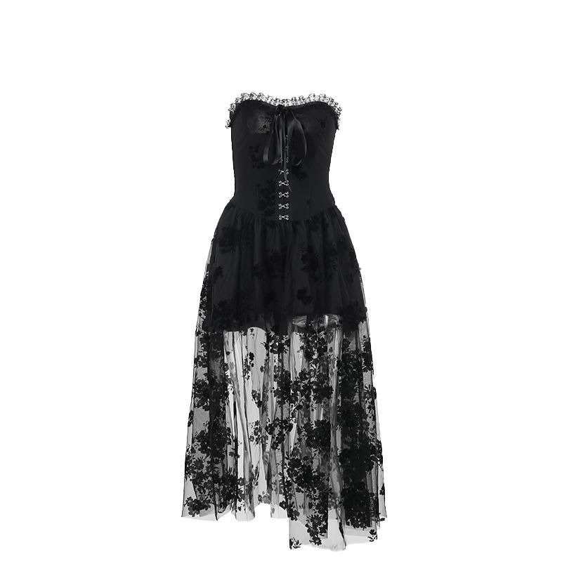 Robe midi à volants, smockée, boutonnée, ruban, imprimé fleuri 