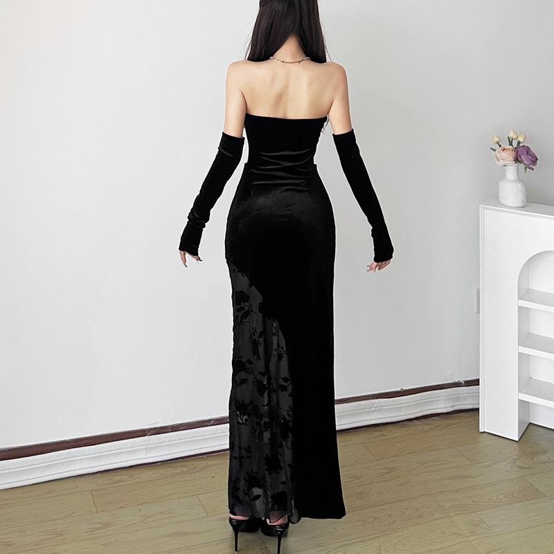 Robe longue tube à imprimé floral en maille de velours avec gants 