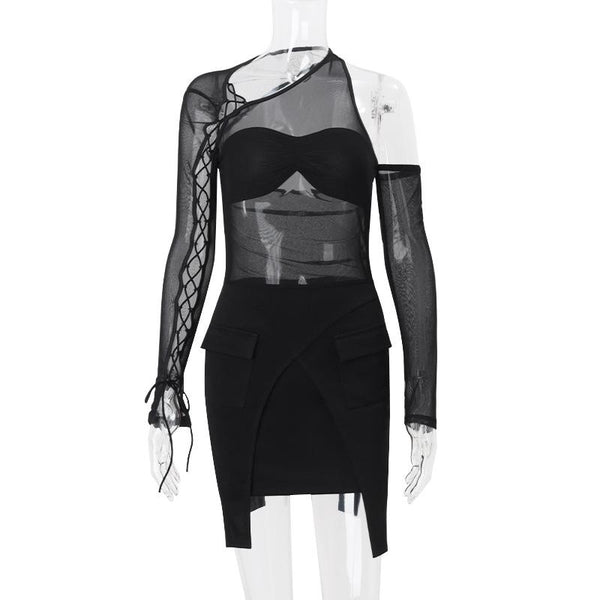 Long sleeve irregular hollow out mesh mini dress