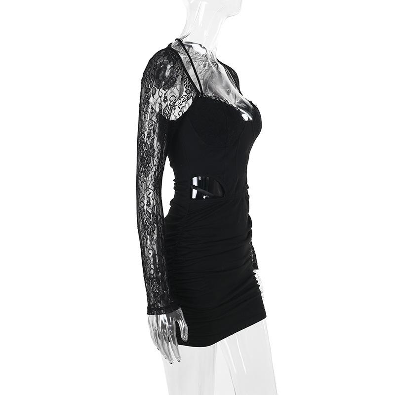 Vestido mini de manga larga con encaje calado y fruncido con lazo 
