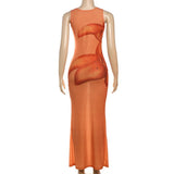 Irregular u neck flower print see through maxi dress