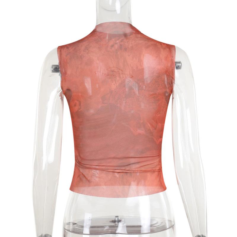 Haut sans manches à col ras du cou en maille transparente et imprimé perles 