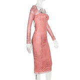 Vestido midi estampado con escote cuadrado y dobladillo de encaje y manga larga 