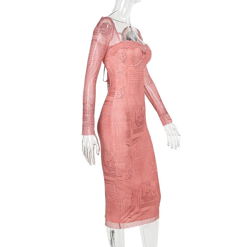 Vestido midi estampado con escote cuadrado y dobladillo de encaje y manga larga 