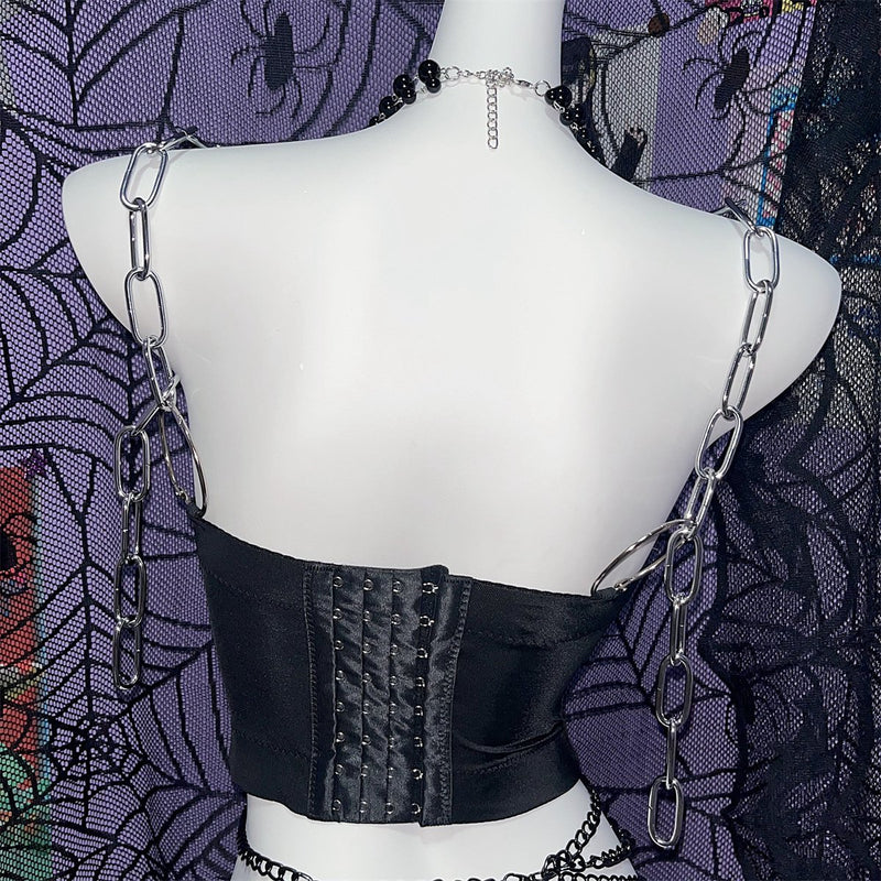 O ring hollow out metal chain rivet applique PU leather top