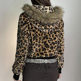 Long sleeve hoodie fluffy zip-up leopard print top