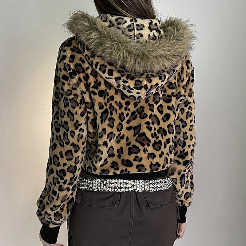 Long sleeve hoodie fluffy zip-up leopard print top