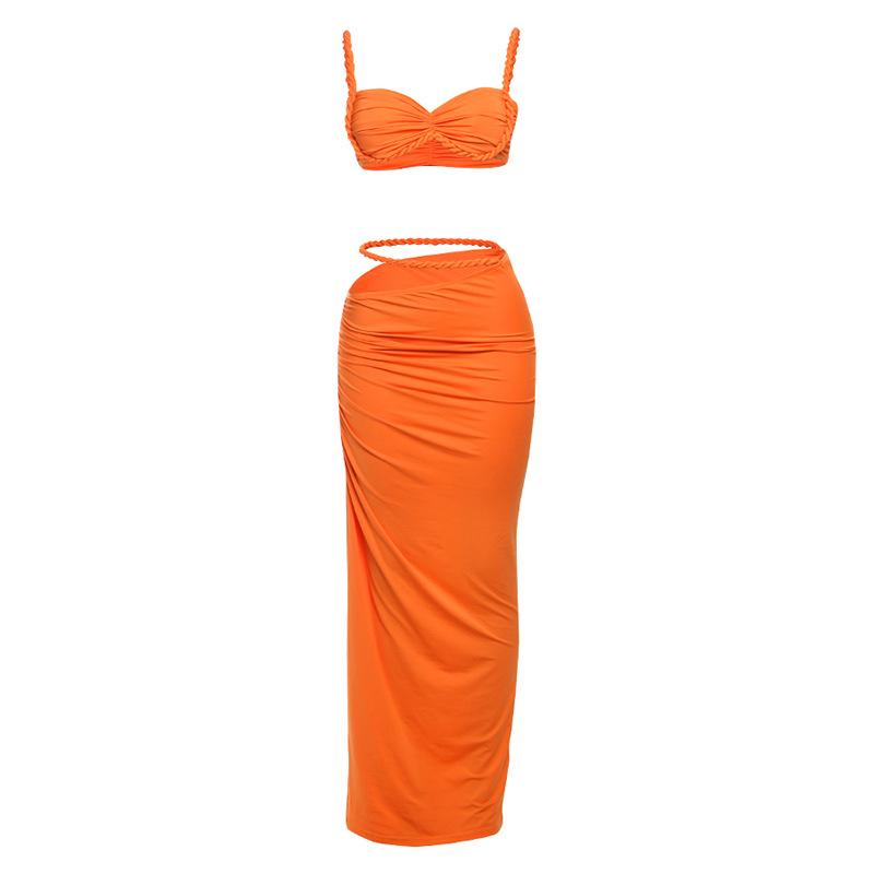 Ensemble jupe longue camisole irrégulière à col en V froncé et creux 